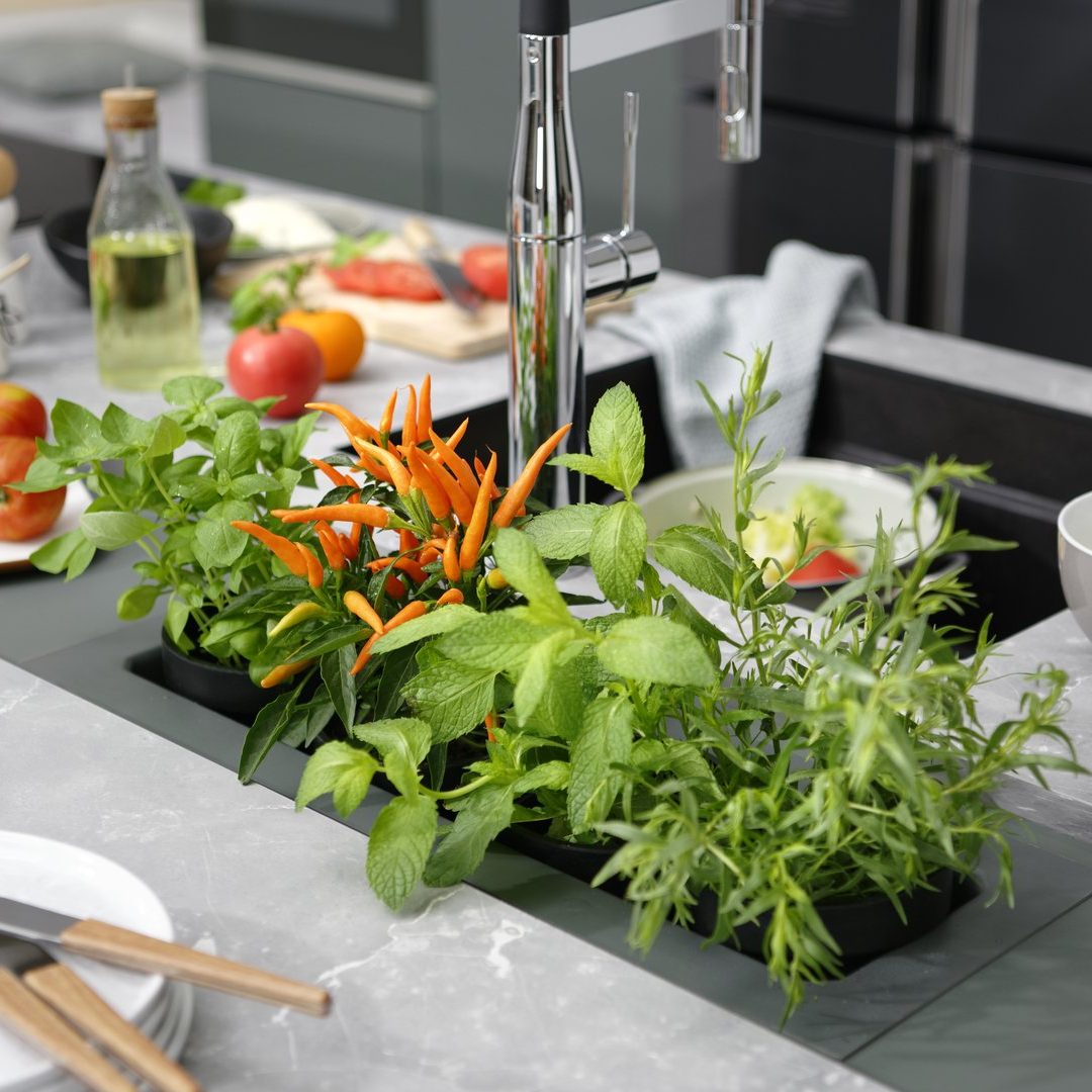 Jardinière intégrée au plan de travail pour un potager d'intérieur.