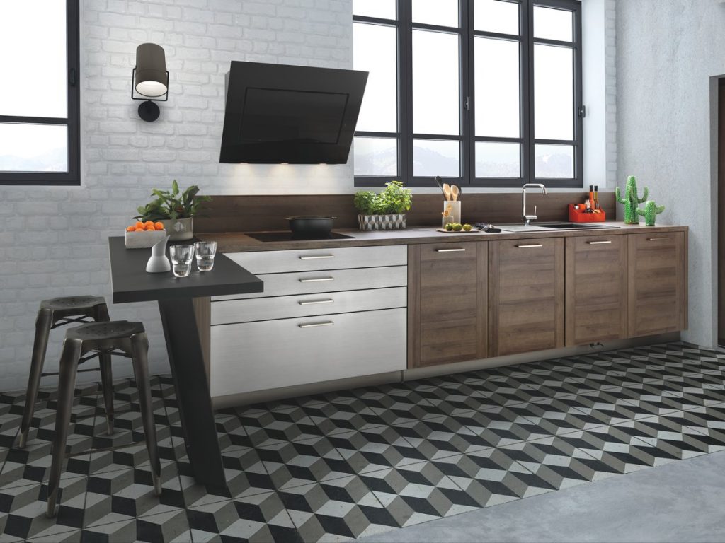 Vue de la cuisine Groove, coloris marron avec le plan snack au premier plan.
