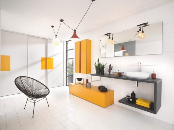 meuble de salle de bains design jaune moutarde