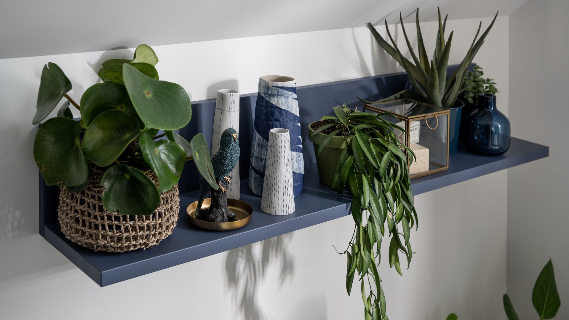 étagères coloris bleu navy avec des plantes dans la salle de bain