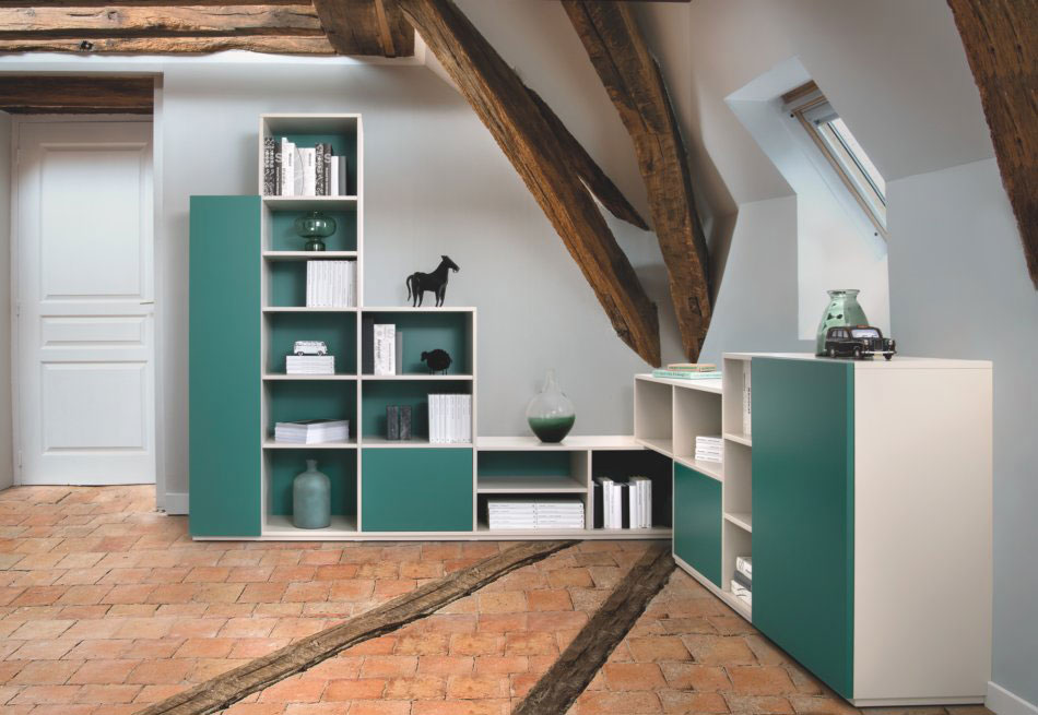 meuble d'angle gris et vert sur mesure
