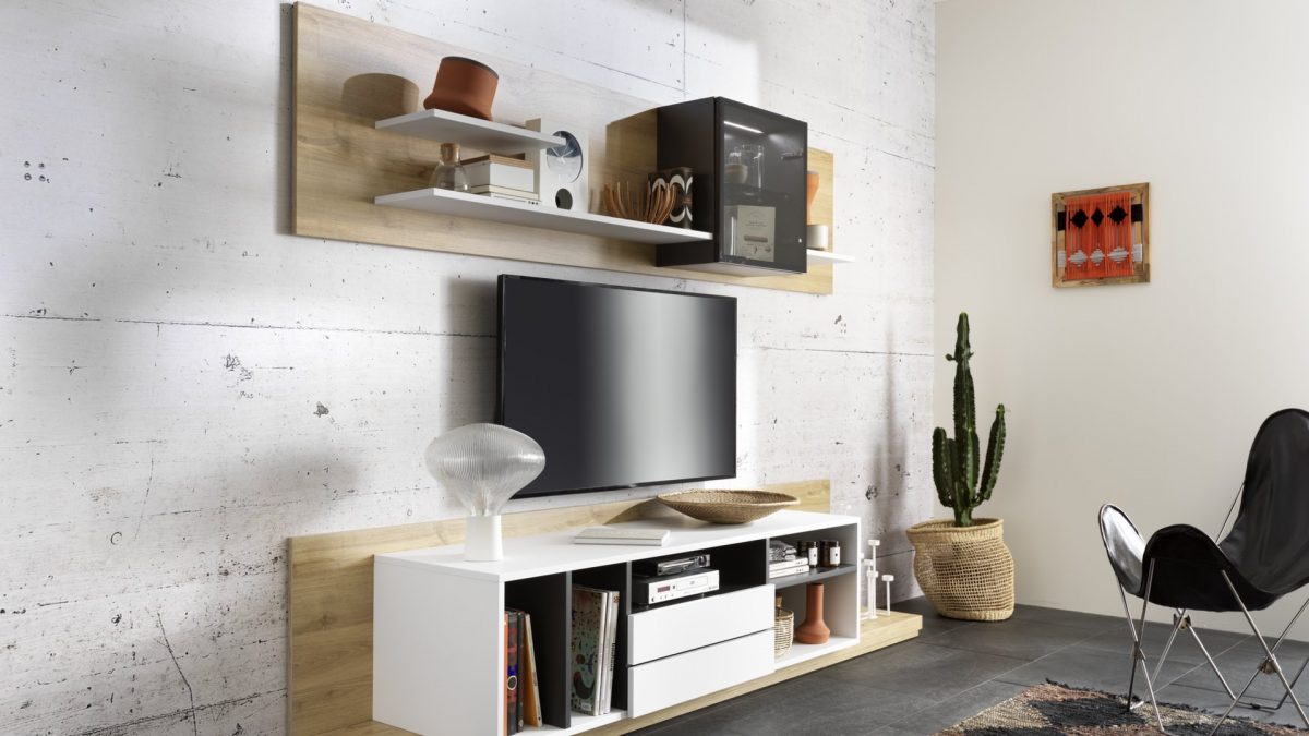 Meuble TV blanc et bois clair avec étagère suspendue