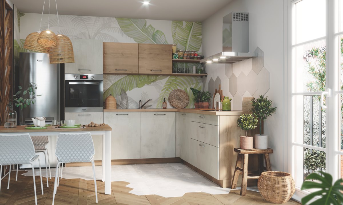 Cuisine avec murs à motif végétal