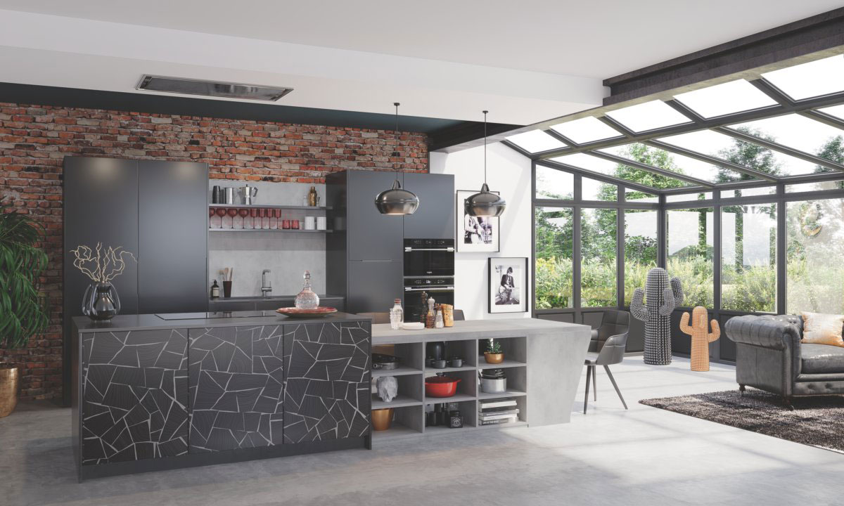 cuisine ouverte sur le salon avec en motifs style block