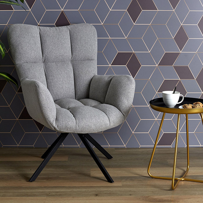 Fauteuil de salon pivotant Washington en tissu gris et pieds en métal noir