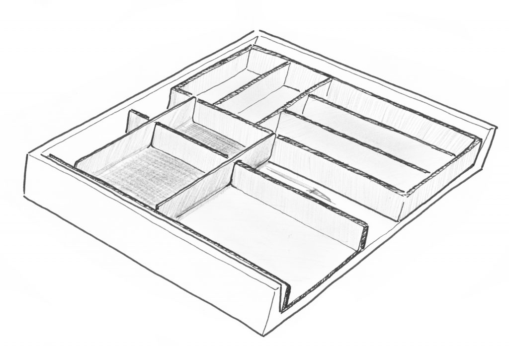 Croquis d’un tiroir équipé avec le range couverts Latitude.