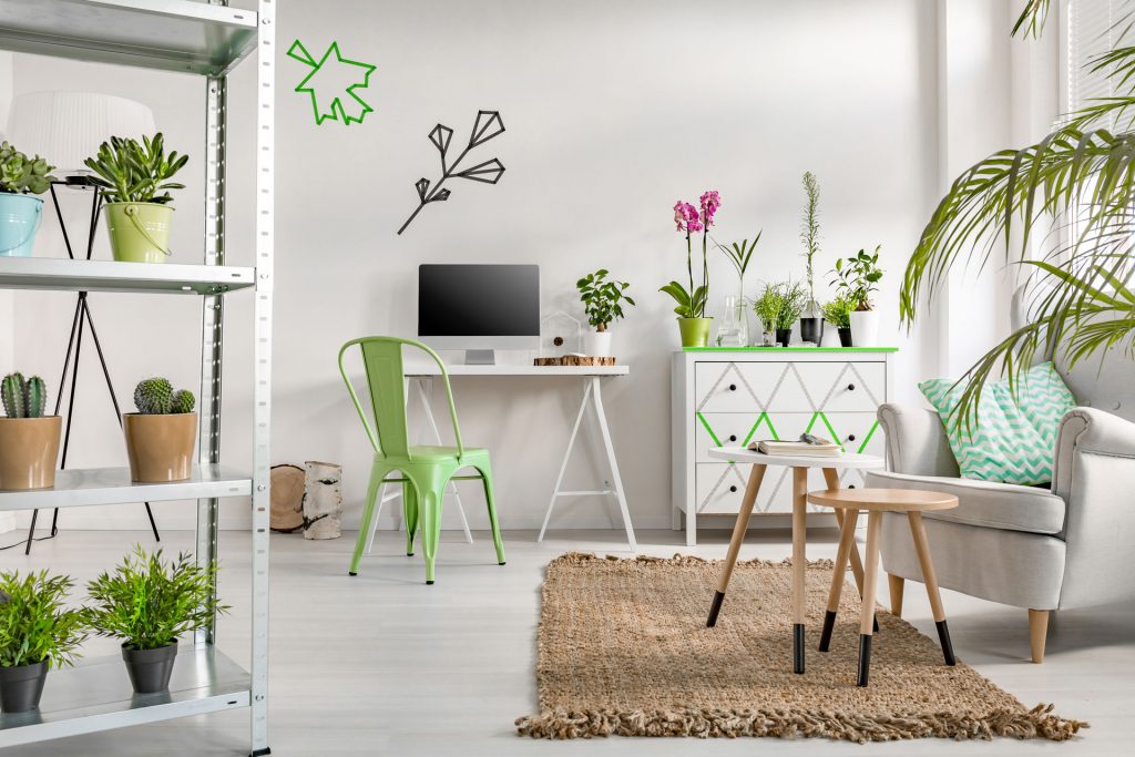 Espace décoré avec des plantes vertes, une chaise en métal verte, un bureau, une commode à motifs géométriques, une étagère, deux tables basses design et un fauteuil.
