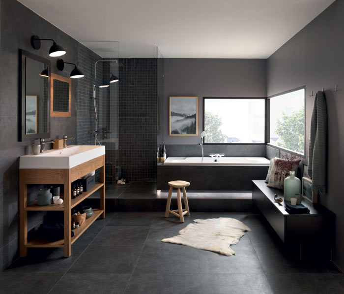 salle de bain vintage avec meuble ouvert en bois et grand vasque moderne en résine