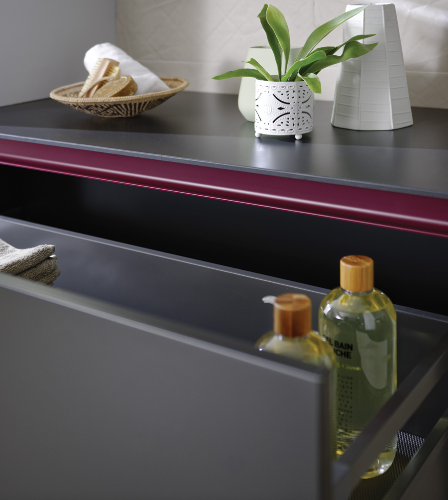 Zoom sur un meuble de salle de bains gris et violet avec une petite plante verte.
