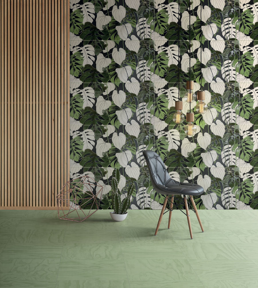 décoration d'intérieur en vert, mur avec motifs