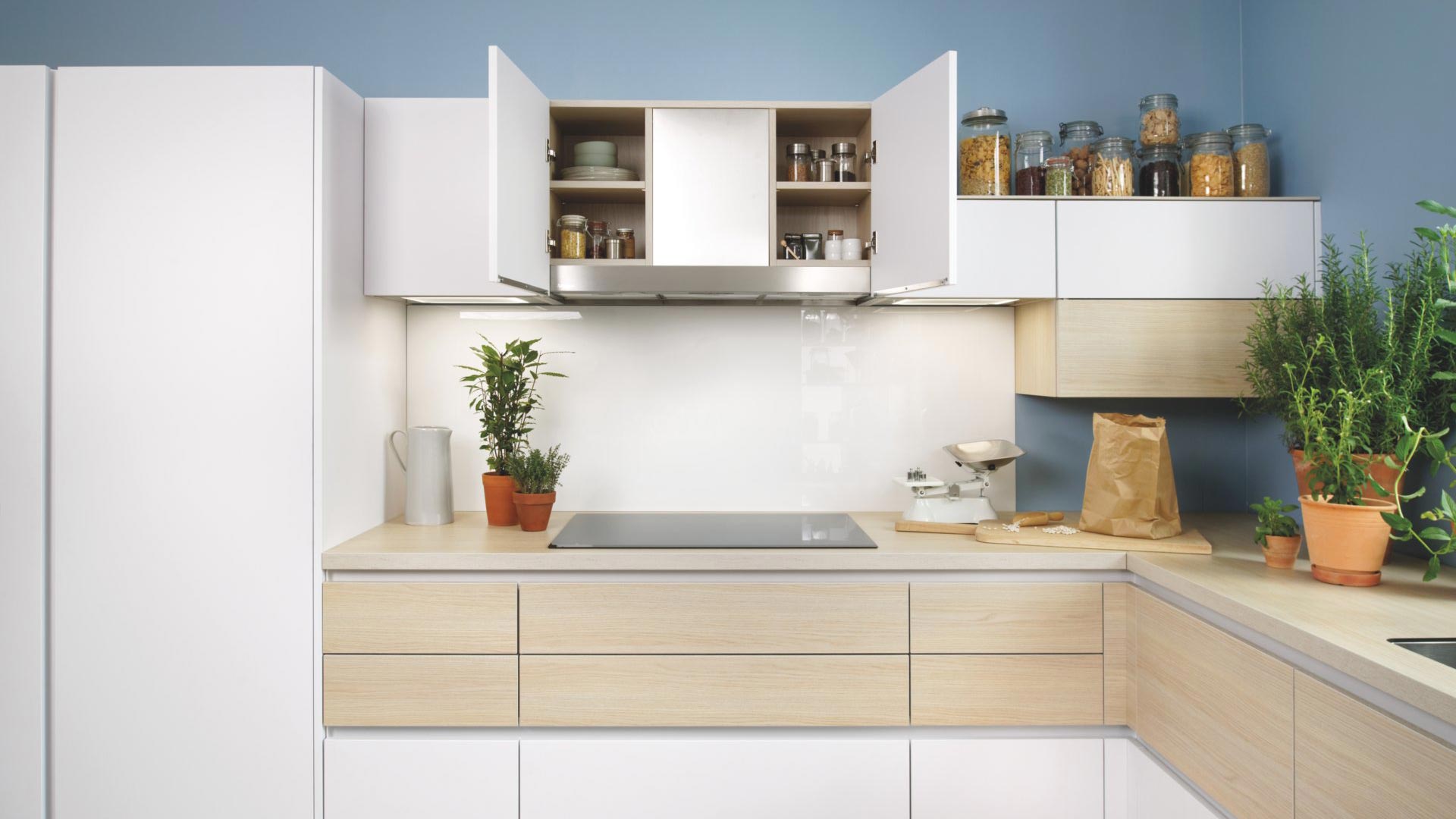 espace cuisson de la cuisine bois et blanche avec plaque et hotte intégrée dans le meuble haut