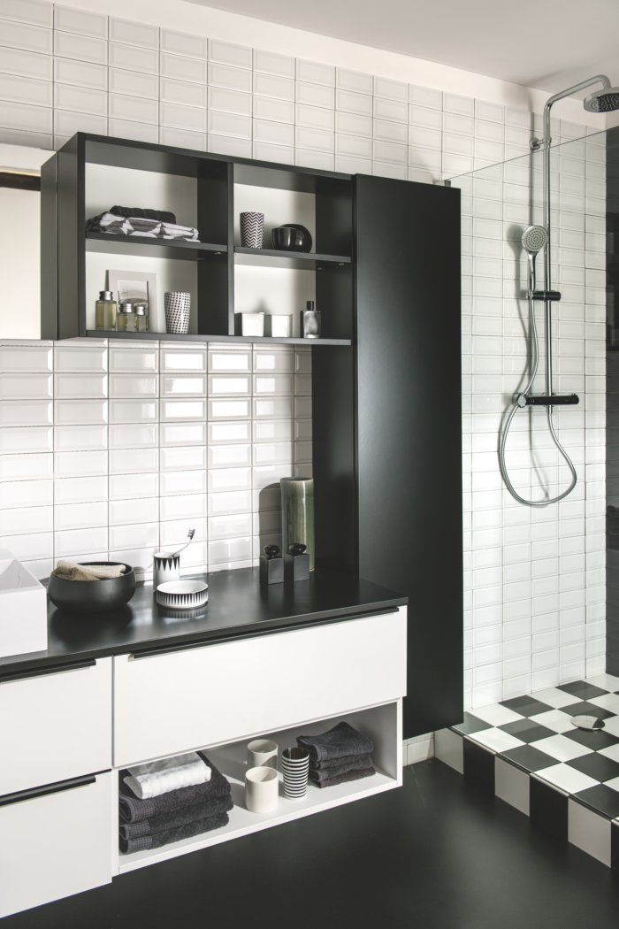 salle de bains noir et blanc motifs géométriques 